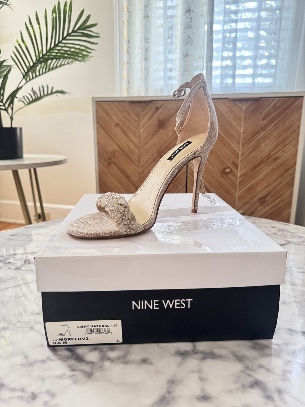 Nine West Light Natural Beaded Open-Toe Stiletto Sandals